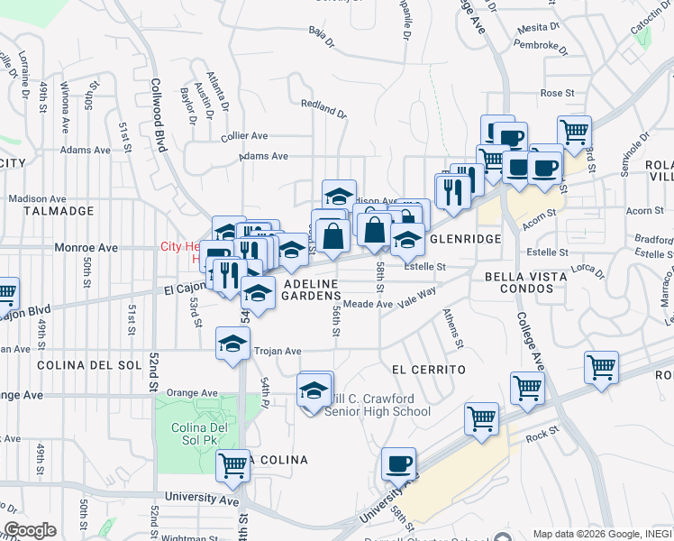 map of restaurants, bars, coffee shops, grocery stores, and more near 4500 56th Street in San Diego