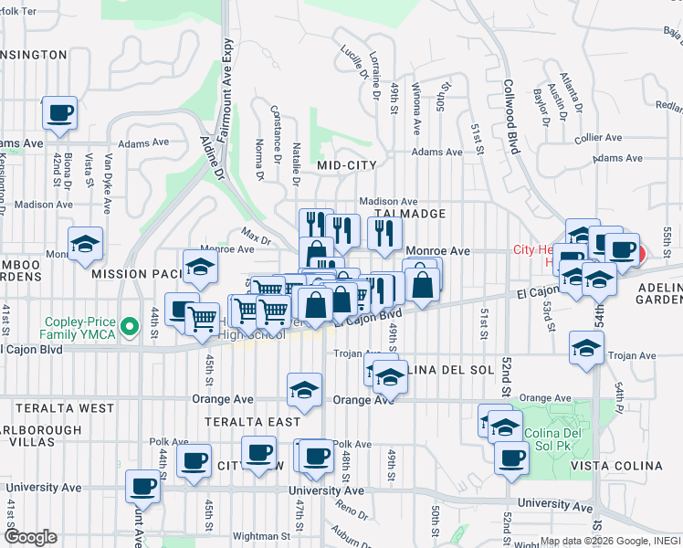 map of restaurants, bars, coffee shops, grocery stores, and more near 4470 48th Street in San Diego