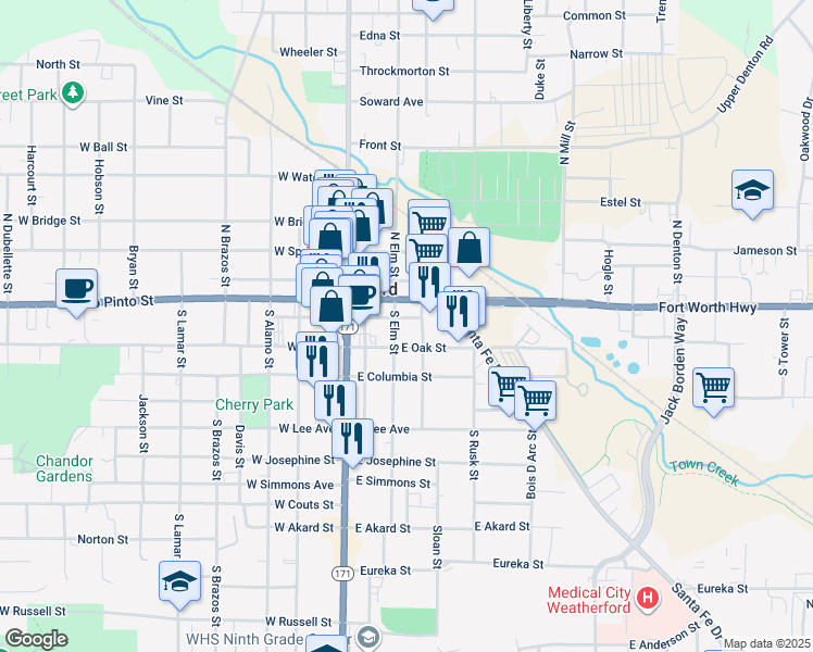 map of restaurants, bars, coffee shops, grocery stores, and more near 202 Fort Worth Highway in Weatherford