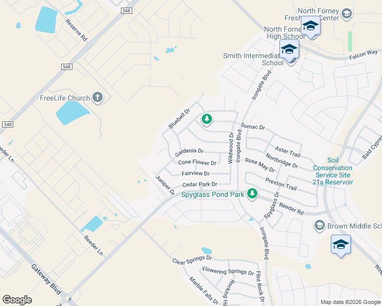 map of restaurants, bars, coffee shops, grocery stores, and more near 2038 Gardenia Drive in Forney
