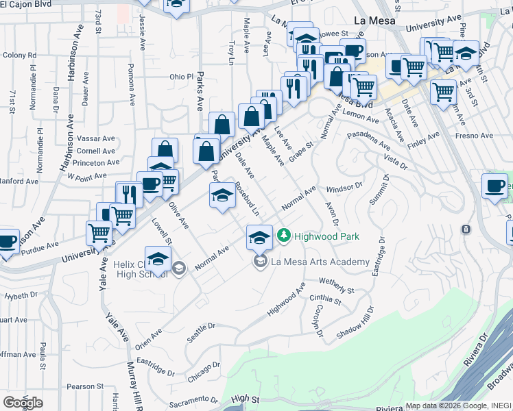 map of restaurants, bars, coffee shops, grocery stores, and more near 4365 Rosebud Lane in La Mesa