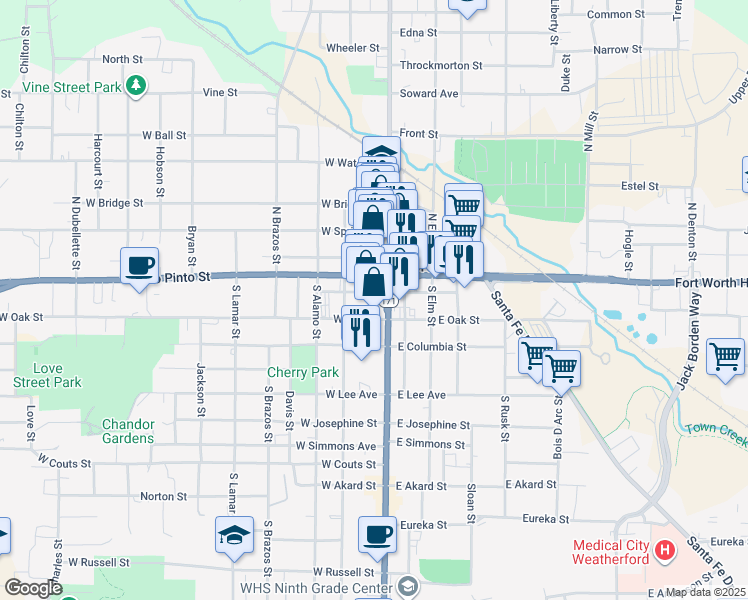 map of restaurants, bars, coffee shops, grocery stores, and more near 111 Palo Pinto Street in Weatherford