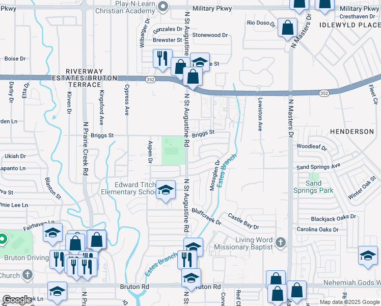 map of restaurants, bars, coffee shops, grocery stores, and more near 2716 North Saint Augustine Drive in Dallas