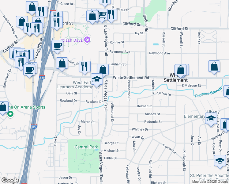 map of restaurants, bars, coffee shops, grocery stores, and more near 139 Allencrest Drive in Fort Worth