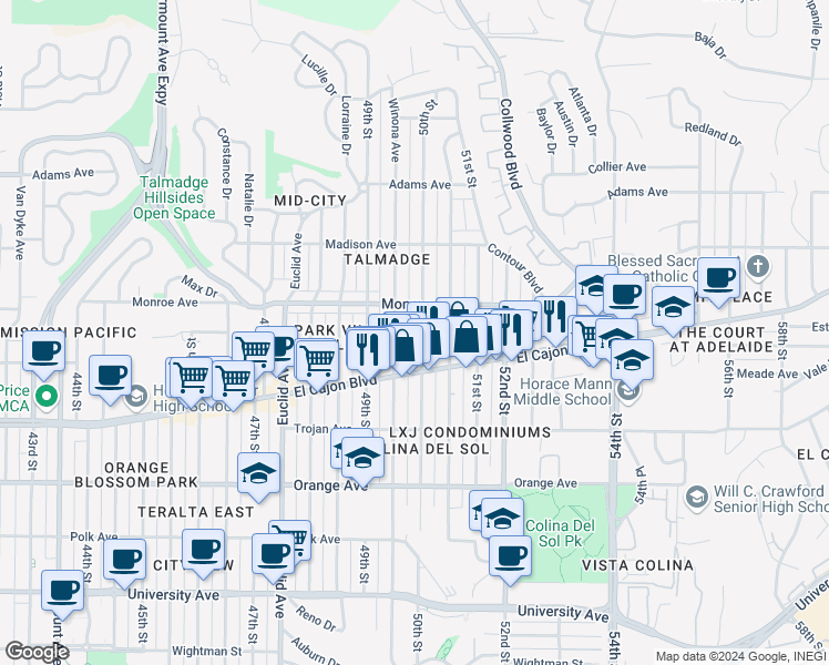 map of restaurants, bars, coffee shops, grocery stores, and more near 4454 50th Street in San Diego