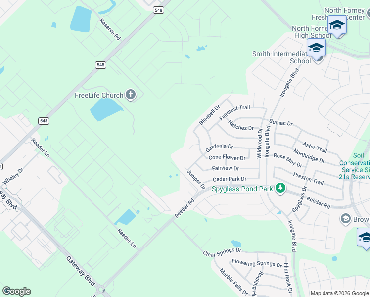 map of restaurants, bars, coffee shops, grocery stores, and more near 2108 Foxglove Court in Forney
