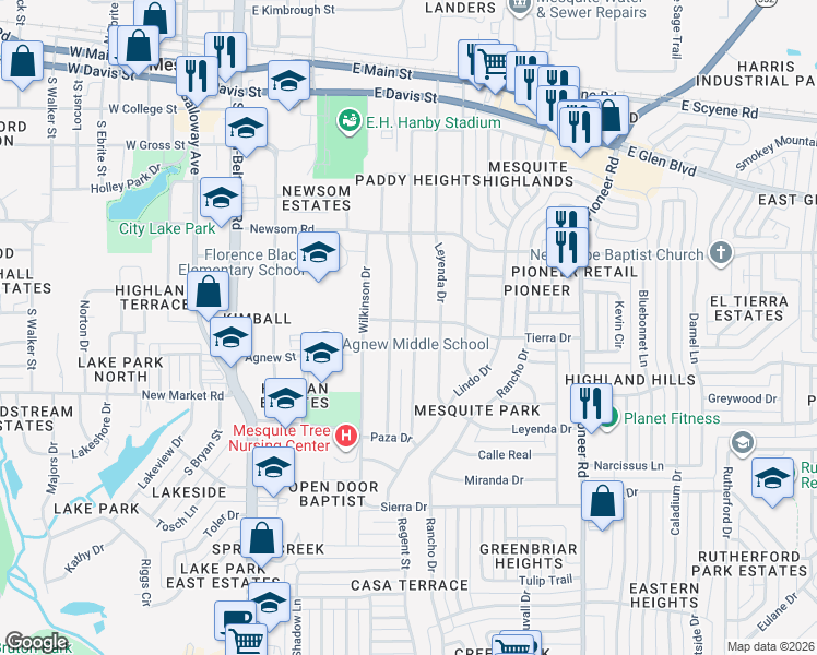 map of restaurants, bars, coffee shops, grocery stores, and more near 734 Jardin Drive in Mesquite