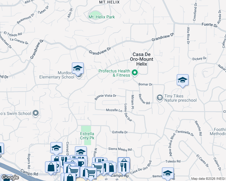 map of restaurants, bars, coffee shops, grocery stores, and more near 4325 Morning View Court in La Mesa