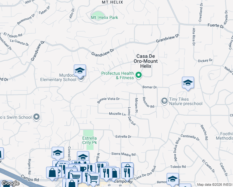 map of restaurants, bars, coffee shops, grocery stores, and more near 4325 Morning View Court in La Mesa