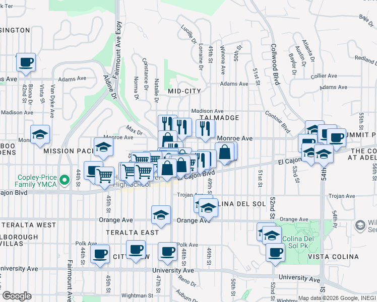 map of restaurants, bars, coffee shops, grocery stores, and more near 4471 48th Street in San Diego