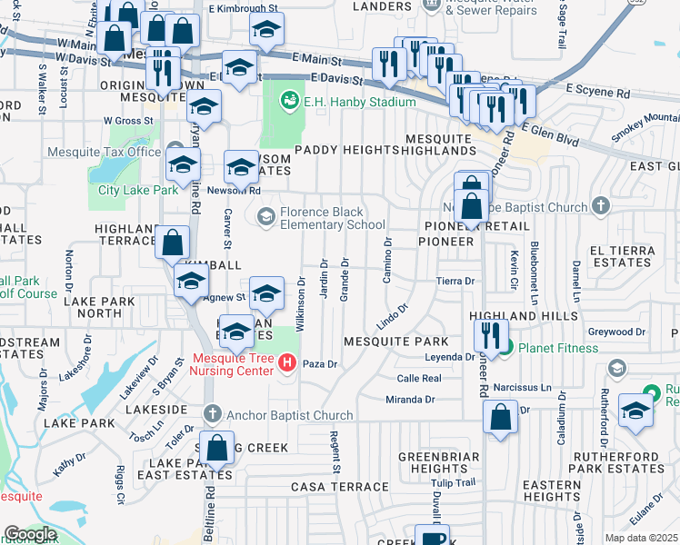 map of restaurants, bars, coffee shops, grocery stores, and more near 801 Grande Drive in Mesquite