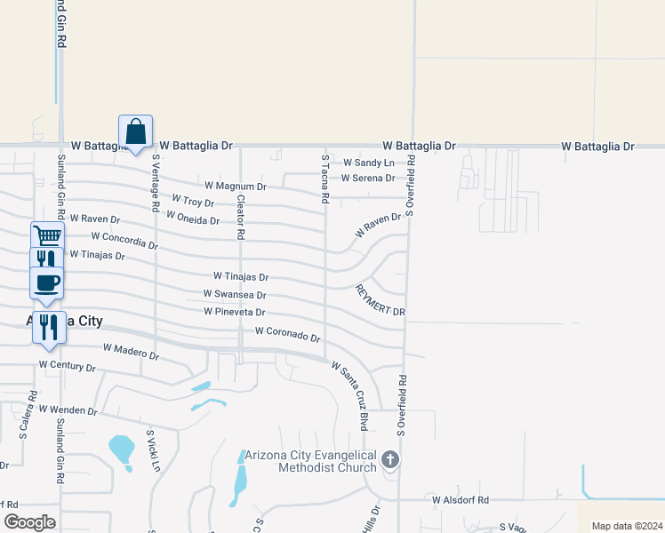 map of restaurants, bars, coffee shops, grocery stores, and more near 8439 West Raven Drive in Arizona City