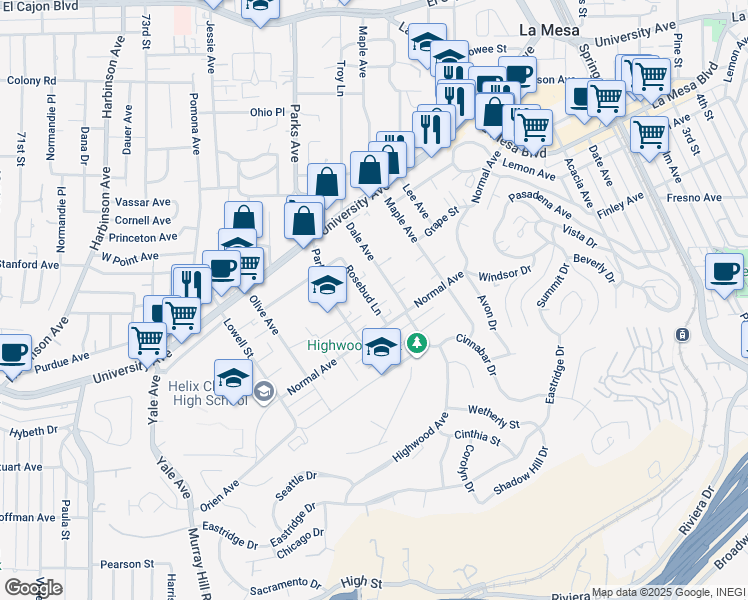 map of restaurants, bars, coffee shops, grocery stores, and more near 4380 Dale Avenue in La Mesa