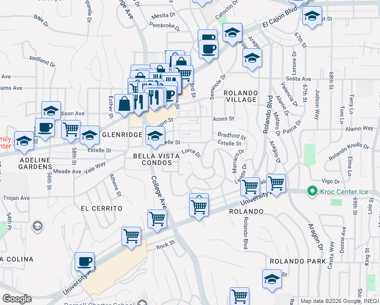 map of restaurants, bars, coffee shops, grocery stores, and more near 4549 Laco Drive in San Diego