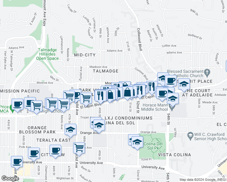 map of restaurants, bars, coffee shops, grocery stores, and more near 4470 50th Street in San Diego