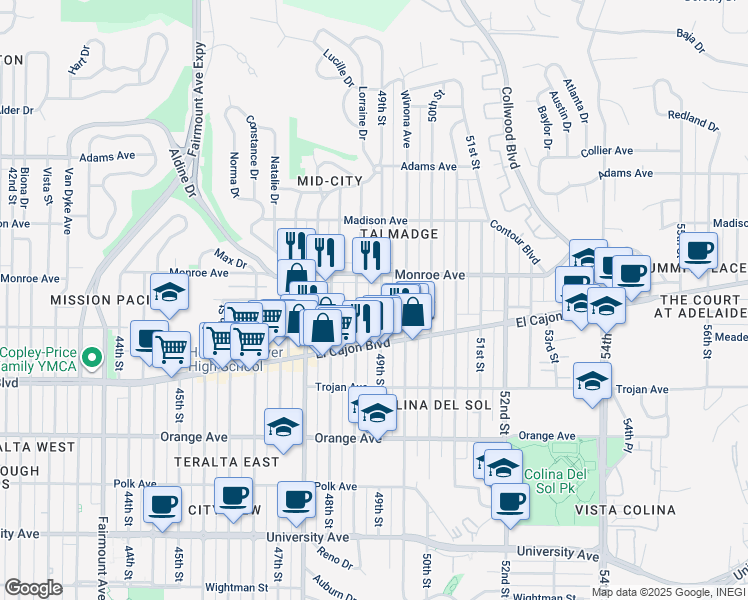 map of restaurants, bars, coffee shops, grocery stores, and more near 4488 Estrella Avenue in San Diego