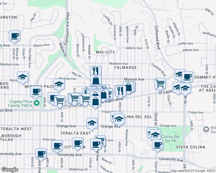 map of restaurants, bars, coffee shops, grocery stores, and more near 4496 1/2 48th Street in San Diego