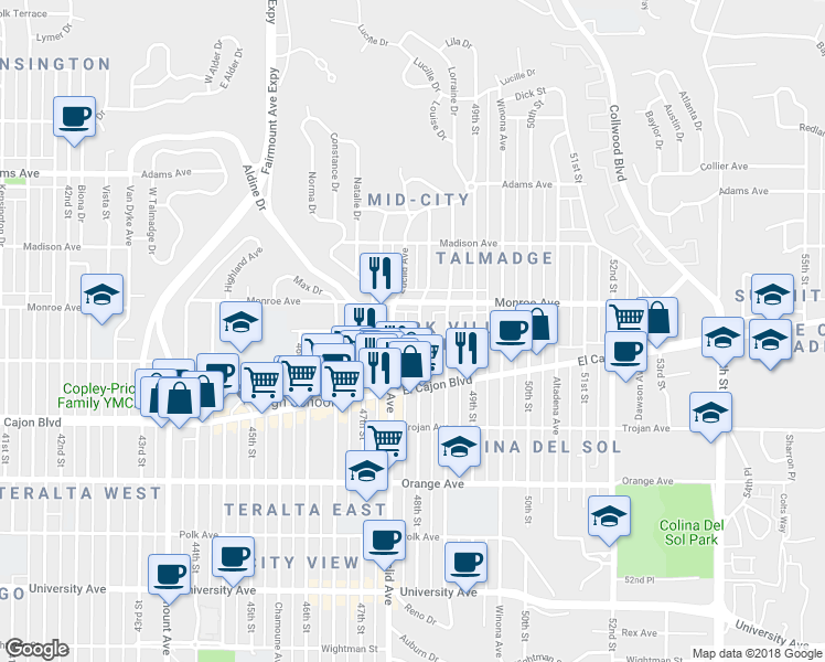 map of restaurants, bars, coffee shops, grocery stores, and more near 4496 1/2 48th Street in San Diego