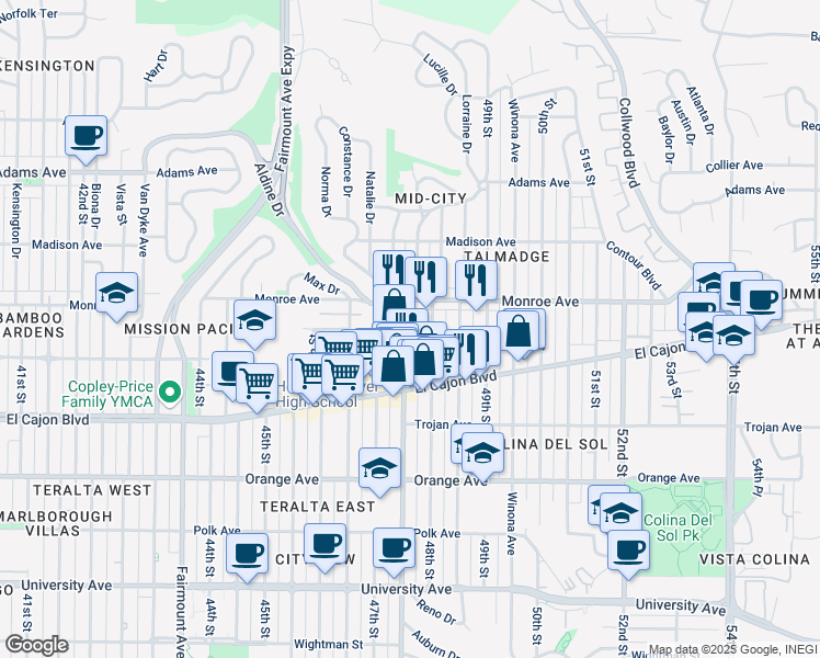 map of restaurants, bars, coffee shops, grocery stores, and more near 4496 1/2 48th Street in San Diego