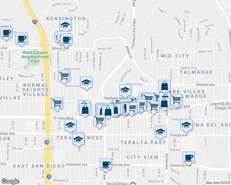 map of restaurants, bars, coffee shops, grocery stores, and more near 4466 Highland Avenue in San Diego