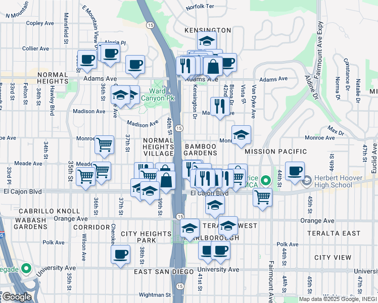 map of restaurants, bars, coffee shops, grocery stores, and more near 4471 Central Avenue in San Diego