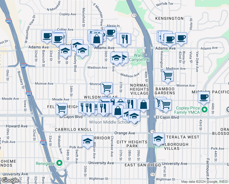 map of restaurants, bars, coffee shops, grocery stores, and more near 4469 Cherokee Avenue in San Diego