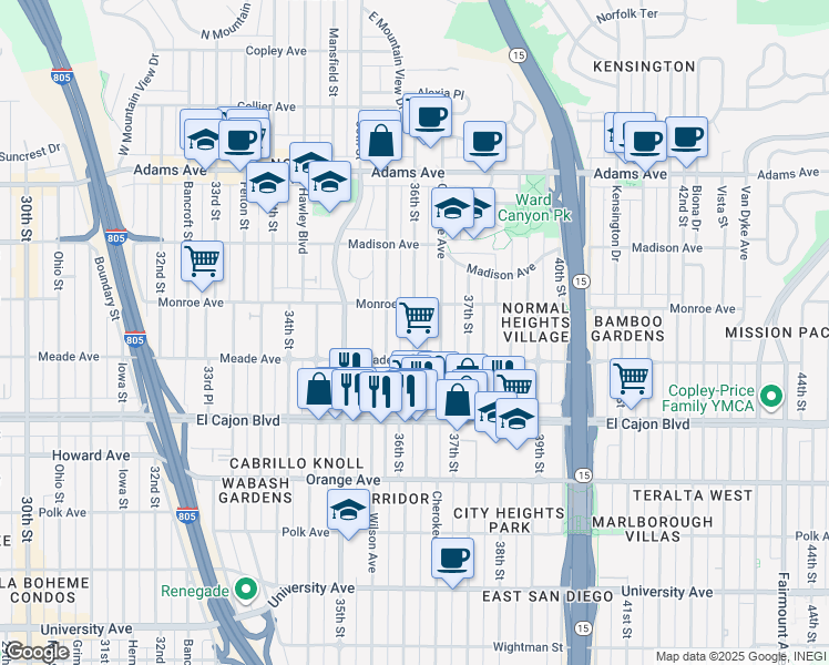 map of restaurants, bars, coffee shops, grocery stores, and more near 4468 36th Street in San Diego
