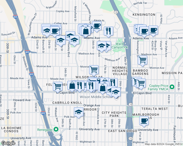 map of restaurants, bars, coffee shops, grocery stores, and more near 4468 36th Street in San Diego