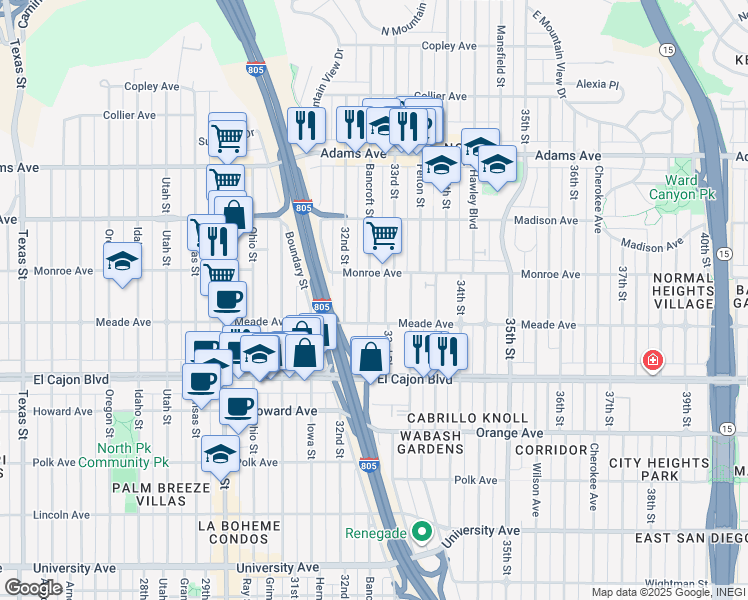 map of restaurants, bars, coffee shops, grocery stores, and more near 4459 32nd Street in San Diego