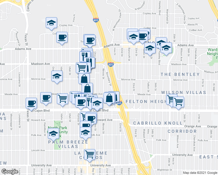 map of restaurants, bars, coffee shops, grocery stores, and more near 4457 Illinois Street in San Diego