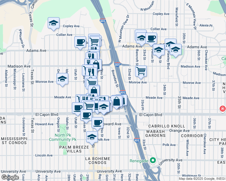 map of restaurants, bars, coffee shops, grocery stores, and more near 4457 Illinois Street in San Diego