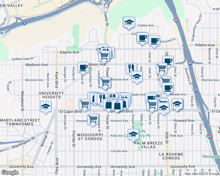 map of restaurants, bars, coffee shops, grocery stores, and more near 4464 Arizona Street in San Diego