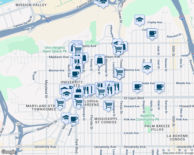 map of restaurants, bars, coffee shops, grocery stores, and more near 4468 Alabama Street in San Diego
