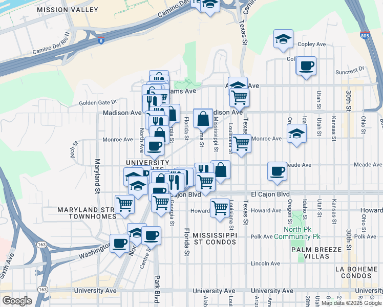map of restaurants, bars, coffee shops, grocery stores, and more near 4456 Florida Street in San Diego