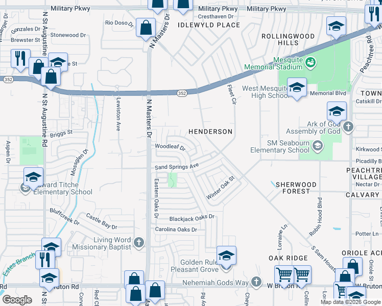 map of restaurants, bars, coffee shops, grocery stores, and more near 10349 Woodleaf Drive in Dallas