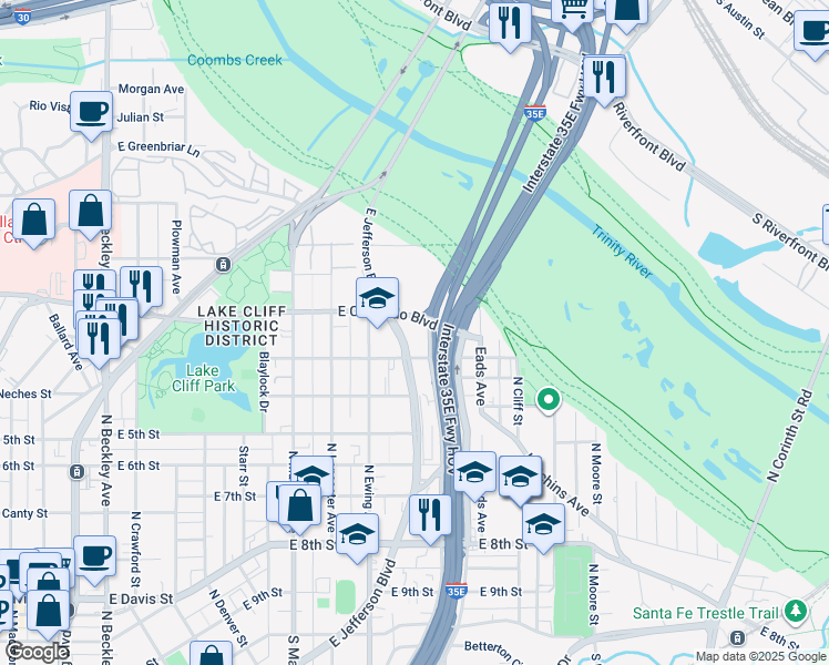 map of restaurants, bars, coffee shops, grocery stores, and more near 1431 East Jefferson Boulevard in Dallas