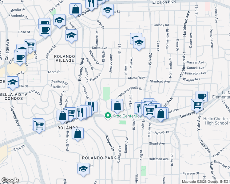 map of restaurants, bars, coffee shops, grocery stores, and more near 4427 68th Street in La Mesa