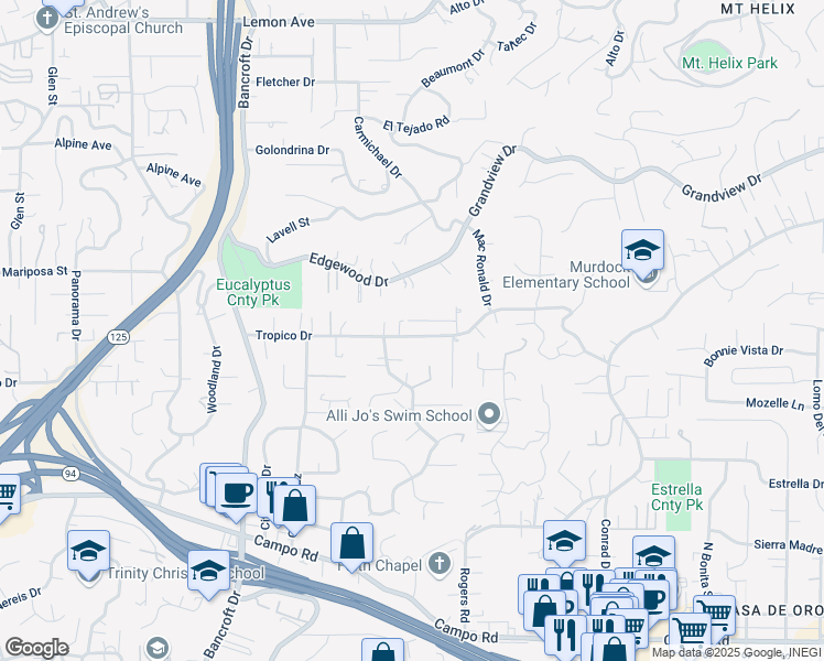 map of restaurants, bars, coffee shops, grocery stores, and more near 9364 Tropico Drive in La Mesa