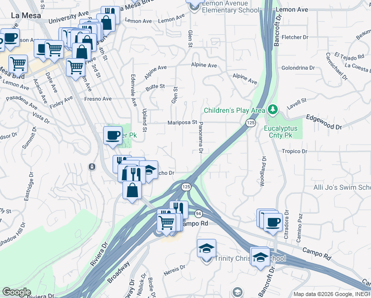 map of restaurants, bars, coffee shops, grocery stores, and more near 4388 Bellflower Drive in La Mesa
