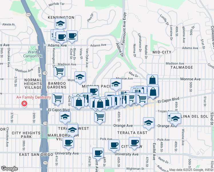 map of restaurants, bars, coffee shops, grocery stores, and more near 4452 Highland Avenue in San Diego