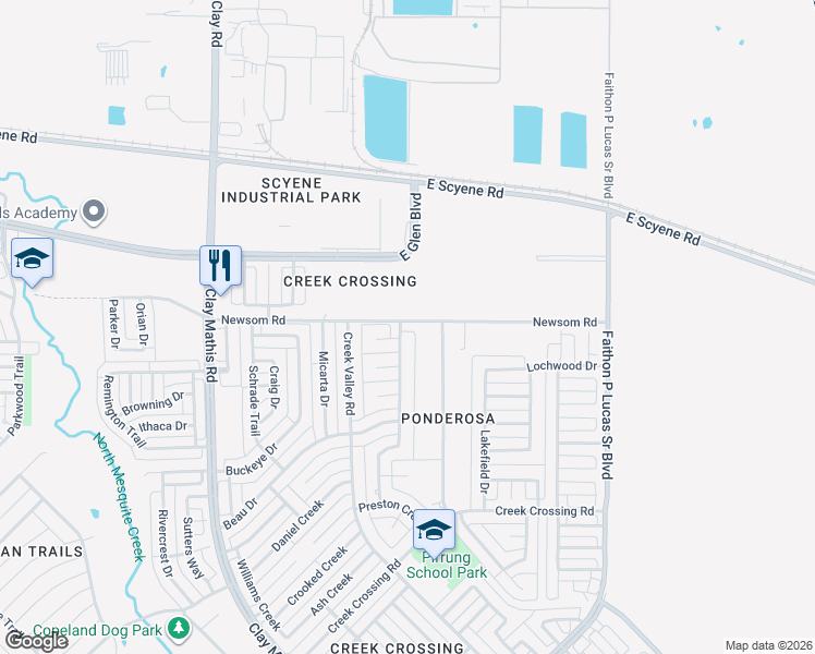 map of restaurants, bars, coffee shops, grocery stores, and more near 800 Forestbrook Drive in Mesquite
