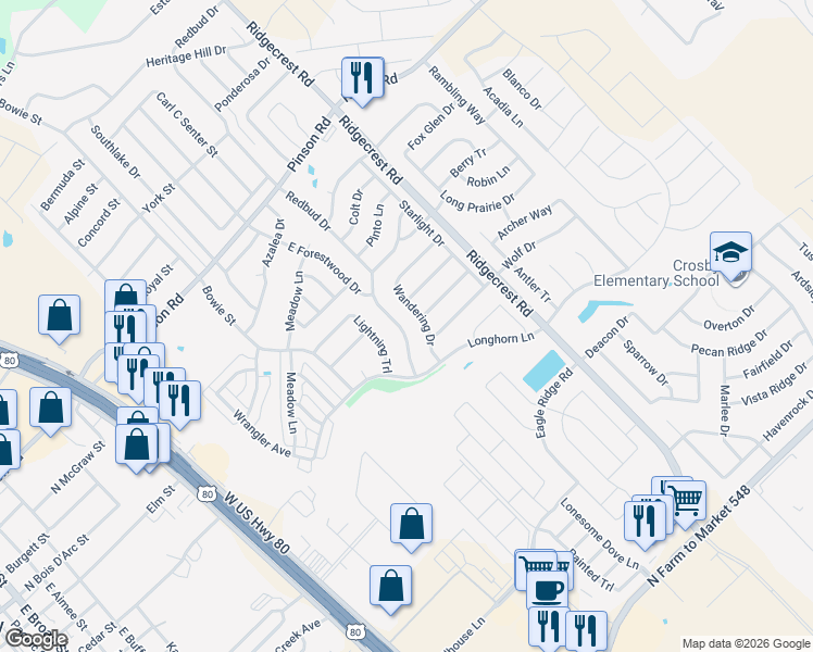 map of restaurants, bars, coffee shops, grocery stores, and more near 116 Redbud Drive in Forney