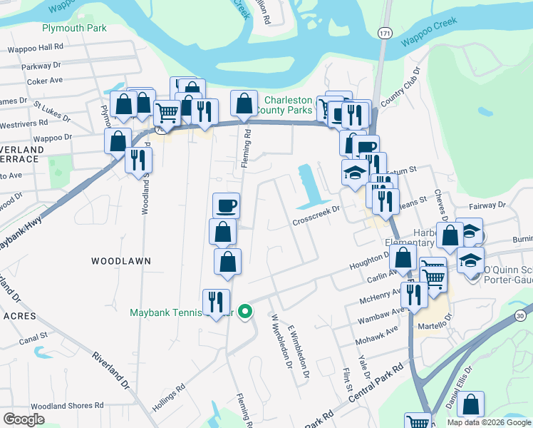 map of restaurants, bars, coffee shops, grocery stores, and more near 65 Cross Creek Drive in Charleston
