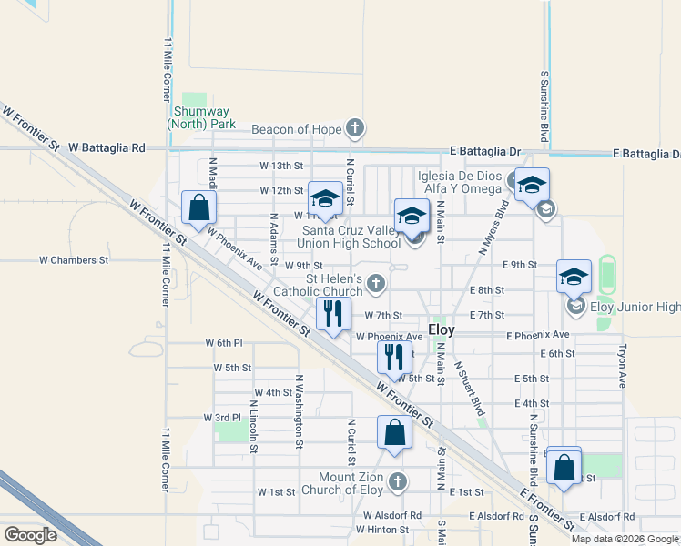 map of restaurants, bars, coffee shops, grocery stores, and more near 305 West 9th Street in Eloy