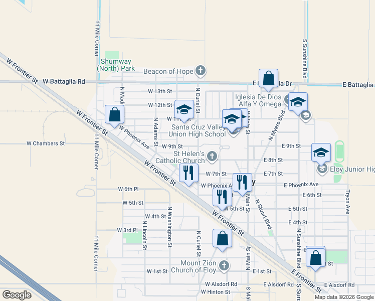 map of restaurants, bars, coffee shops, grocery stores, and more near 305 West 9th Street in Eloy