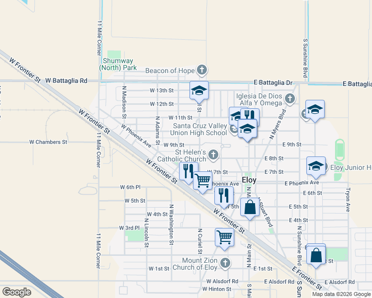 map of restaurants, bars, coffee shops, grocery stores, and more near 402 West 9th Street in Eloy