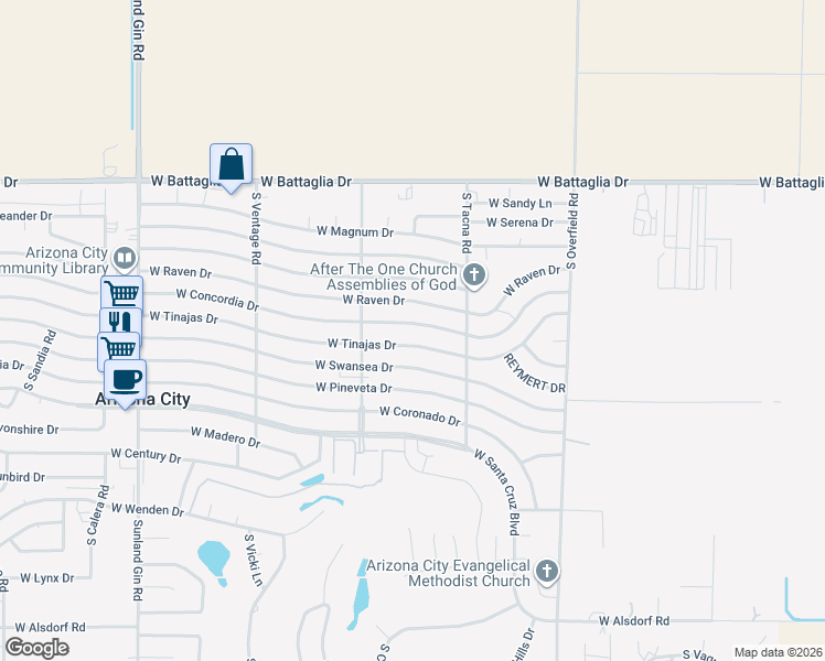 map of restaurants, bars, coffee shops, grocery stores, and more near 8572 West Concordia Drive in Arizona City