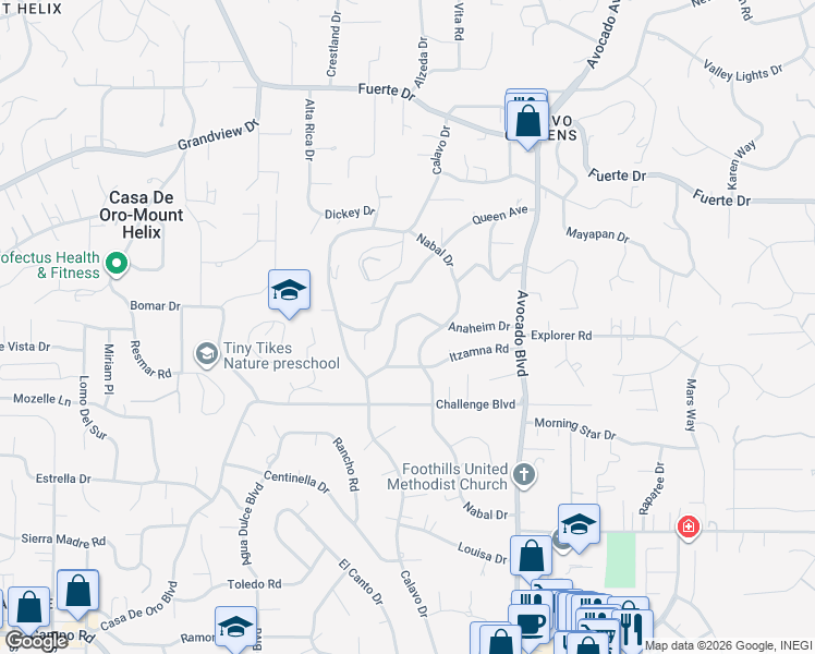 map of restaurants, bars, coffee shops, grocery stores, and more near 10608 Anaheim Drive in La Mesa