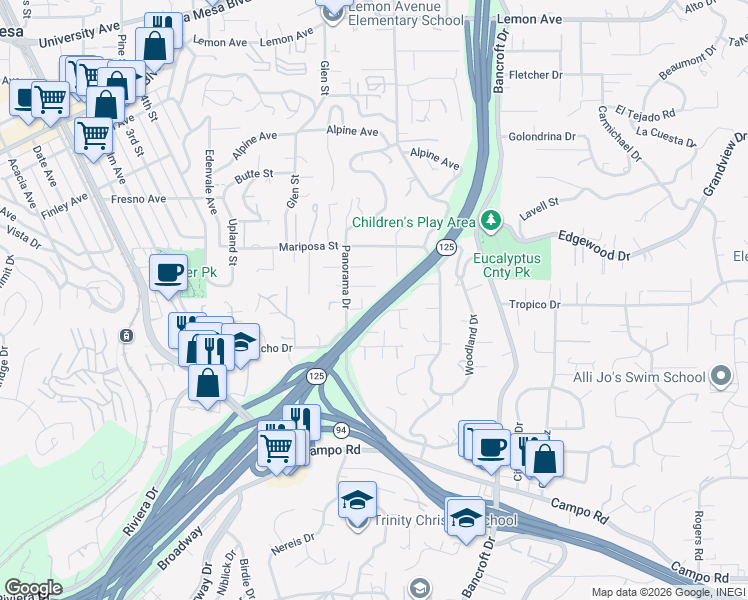 map of restaurants, bars, coffee shops, grocery stores, and more near 8815 Joris Way in La Mesa