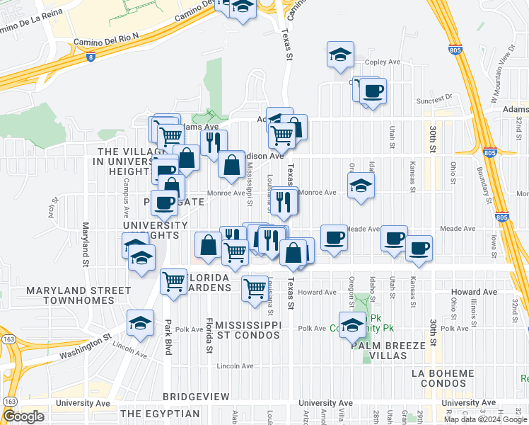 map of restaurants, bars, coffee shops, grocery stores, and more near 4465 Mississippi Street in San Diego